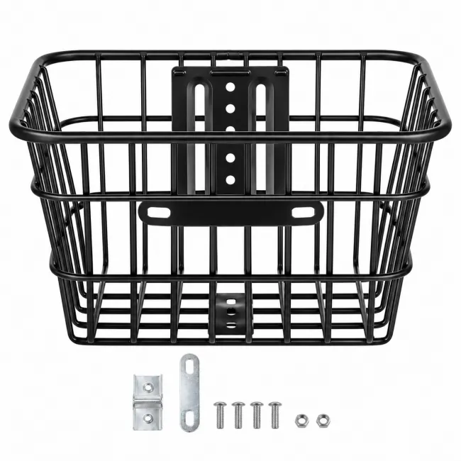 Черна метална предна кошница за велосипед с решетъчно дъно